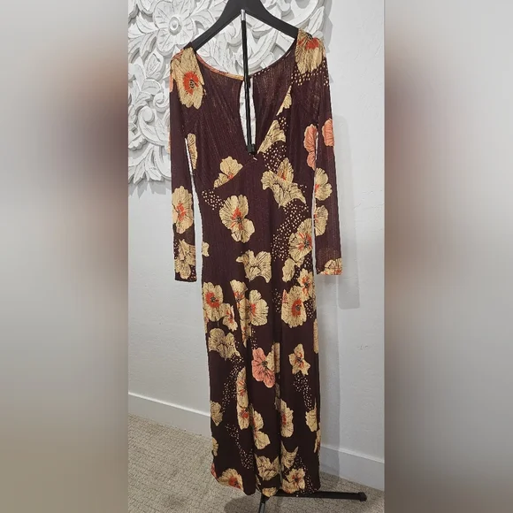 Free People Floral Long Sleeve Maxi Dress - Purple/Burgandy/Orange Sz Large NWT - Picture 2 of 9